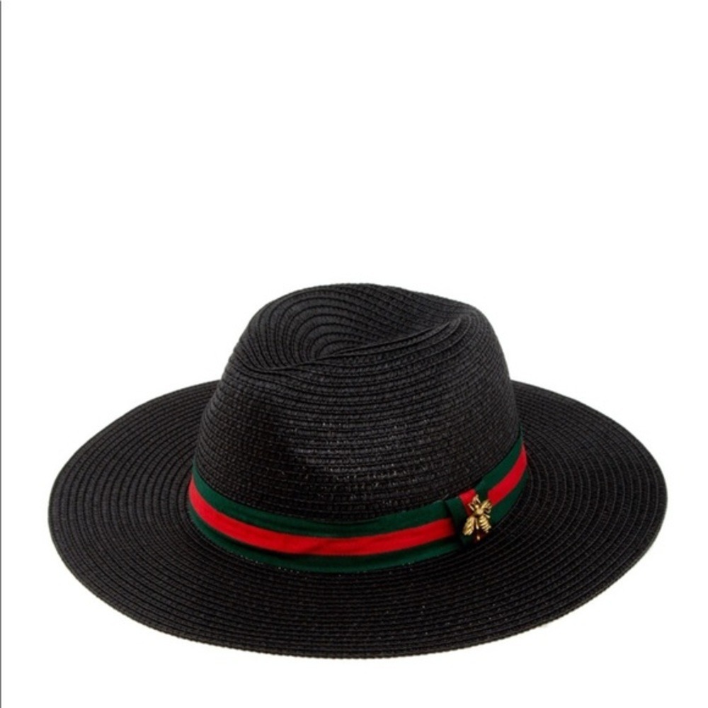 Queen Bee Straw Hat Black Fedora Green Red Stripe Ribbon Gold Bee Detail